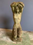 A stone garden statue of girl on her knees and hands on her head (H49cm)