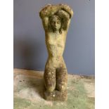 A stone garden statue of girl on her knees and hands on her head (H49cm)