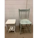 A painted kitchen chair and small side table