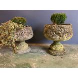 A pair of reclaimed garden planters with leaf design to base and sides (H48cm Dia44cm)