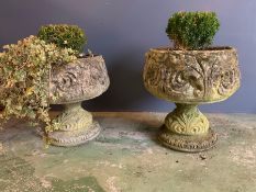 A pair of reclaimed garden planters with leaf design to base and sides (H48cm Dia44cm)