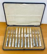 A Beautiful cased set of mother of pearl handled fruit knives and forks circa 1900