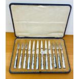 A Beautiful cased set of mother of pearl handled fruit knives and forks circa 1900