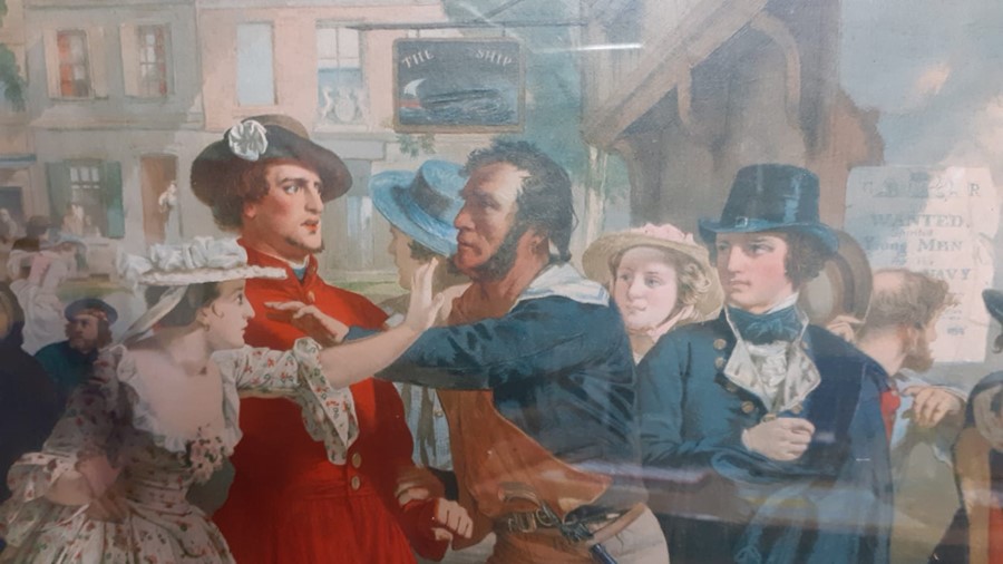 A print after Alexander Johnston, 'The Press Gang', framed and glazed (51x44 cm). - Image 2 of 2