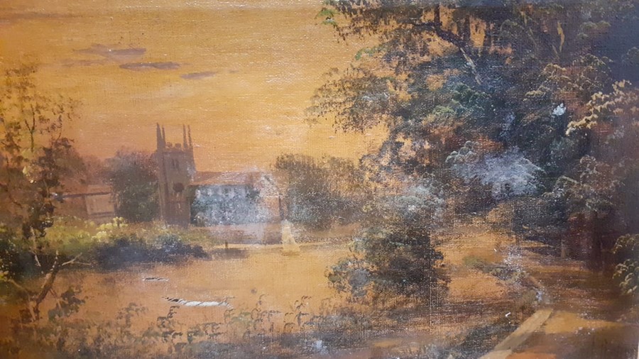 A 19th century pair of views with church, oil on canvas and a watercolour, unsigned, (20x30 cm - Image 3 of 3