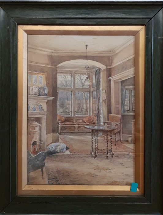 A watercolour depicting an interior, unsigned, framed and glazed, (25.5x18 cm). (2)