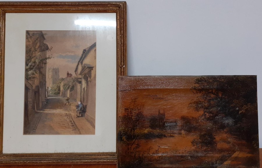 A 19th century pair of views with church, oil on canvas and a watercolour, unsigned, (20x30 cm