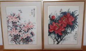 A pair of Chinese watercolours depicting flowers and bees, framed and glazed, (41x31 cm). (2)