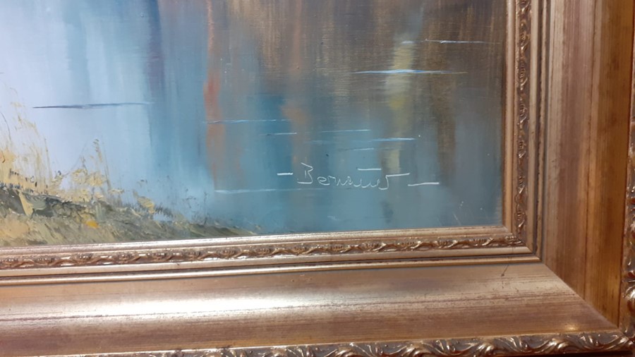 A 20th century English school, 'Riverscape', illegibly signed, oil on canvas, within a - Image 3 of 3