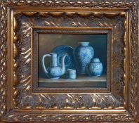 A 20th century Middle East school, 'Still life with western asian blue and whithe vases', oil on
