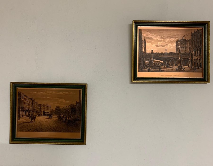 A pair of vintage Coppercraft (copper or brass alloy) etchings, "Belgrave square" and "The Holborn