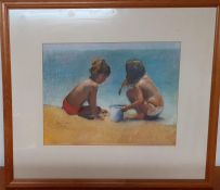 John Sutherst (act.XX) English, 'Kids playing on the beach', signed and dated 1990, [pastel on