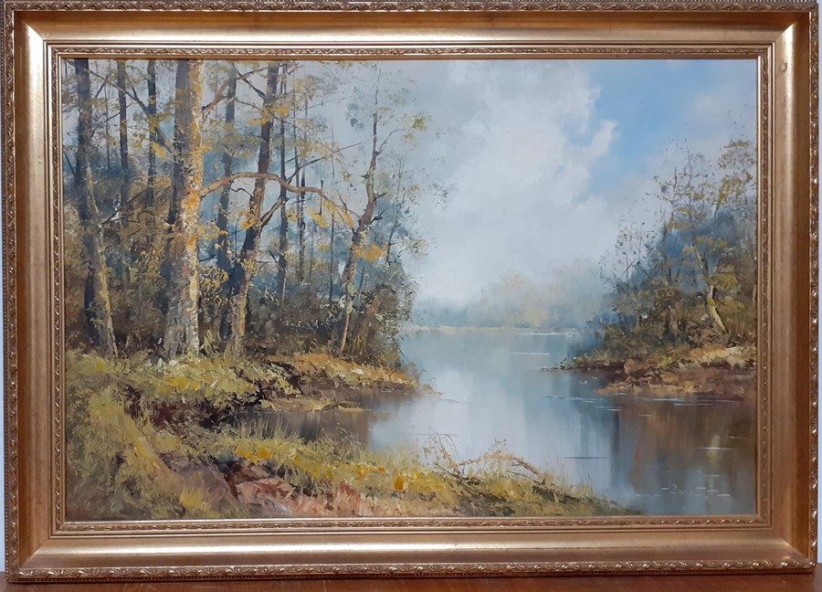 A 20th century English school, 'Riverscape', illegibly signed, oil on canvas, within a