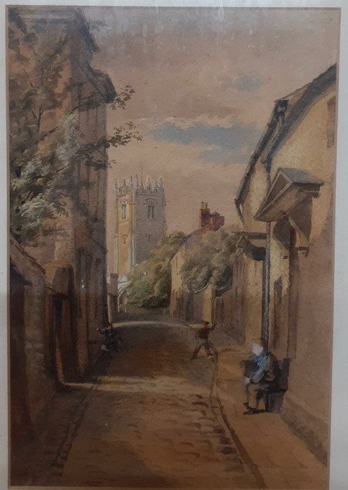 A 19th century pair of views with church, oil on canvas and a watercolour, unsigned, (20x30 cm - Image 2 of 3