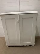 A painted two door kitchen cupboard with shelves and small drawers (H123cm W110cm D49cm)