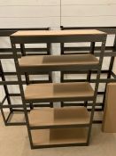 Three storage racking units with five shelves and removable boards