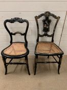 Two Ebony caned side chairs with mother pearl inlay