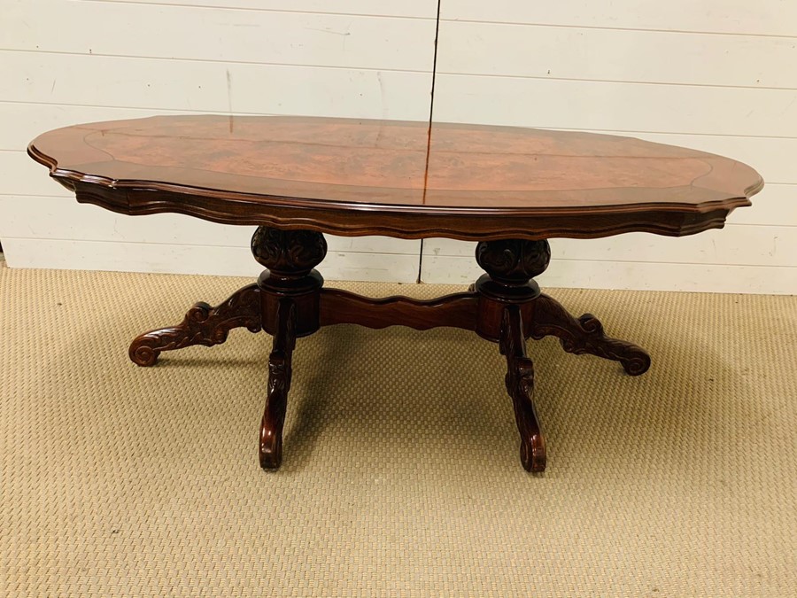 A burr elm coffee table on twin pedestal base (H52cm W140cm D70cm) - Image 2 of 2