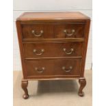 Three drawer mahogany Queen Anne style chest on legs (H86cm W62cm D40cm)