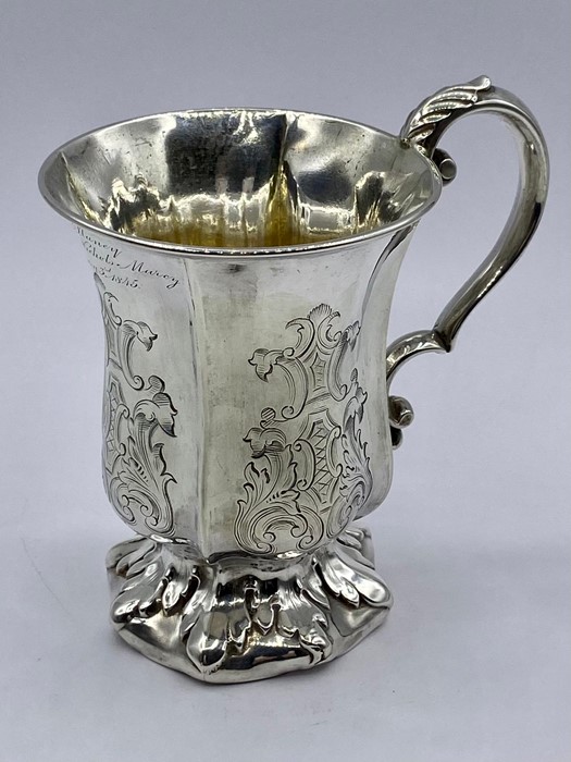 A silver engraved tankard, engraving dated 1845, with indistinct Victorian hallmark. Makers mark for