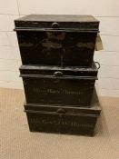 Three metal travels trunks with the words The Rev d J.W.Thomas and Miss Mary Thomas