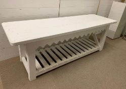 A long wooden table possibly a potting table with shelf under (H70cm W202cm D62cm)