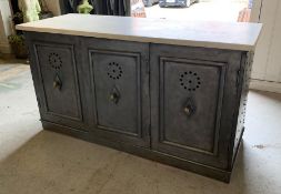 An industrial style sideboard with marble/stone top and doors to front (H87cm W156cm D59cm)