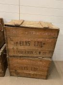 Two vintage Elys Ltd outfitters of Wimbledon swing rope handled crates