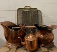 Two brass fire screens and two copper coal buckets and other brass items