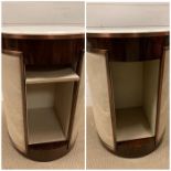 A pair of bespoke circular side tables with a marble top and brushed rose/copper style edging with