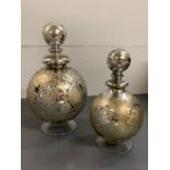 Two decorative mirrored and etched orb vases (H28cm and H35cm)