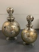 Two decorative mirrored and etched orb vases (H28cm and H35cm)