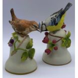 Two porcelain bird themed bells "The Blue Tit" and "The Wren" by Peter Barrett