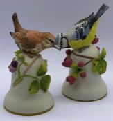 Two porcelain bird themed bells "The Blue Tit" and "The Wren" by Peter Barrett