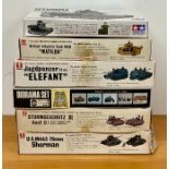 A selection of six boxed army tanker model kits to include, Jagdpanzer Elefant, British Infantry
