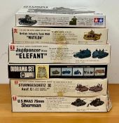 A selection of six boxed army tanker model kits to include, Jagdpanzer Elefant, British Infantry