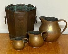 A selection of cooper ware to include a bucket and three jugs