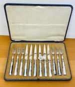 A beautiful cased set of mother of pearl handled fruit knives and forks circa 1900