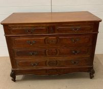 A two over three chest of drawers on carved legs (H91cm W120cm D52cm)