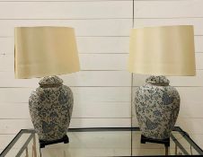 A pair of contemporary table lamps on a wooden base