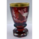 A Bohemian Beaker red glass with etched figures of Stag, possibly 1920's AF