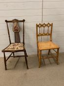 Two chairs, one with cane seat and carved spindle back and the other mahogany with splat back