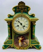 A Mid 19th Century French eight day mantle clock, front porcelain plaque is signed O Meisel.