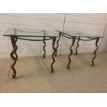 A pair of square glass side table on bronzed/gilt twisted legs (H56cm Sq61cm)