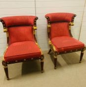 A pair of Neo classical style curved back upholstered chairs with scroll and floral gilt detailing