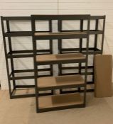 Three storage racking units with five shelves and removable boards