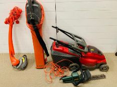 A selection of garden equipment, a lawnmower, a leaf blower, a hedge trimmer, etc