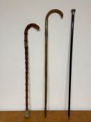 A selection of three silver collared or mounted walking sticks