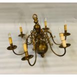 A six arm brass chandelier with brass orb to bottom (H75cm W90cm)