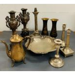 A Selection of metal items to include, two pairs of vases, a pair of candlesticks, a converted